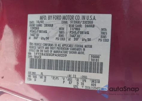 2003 Ford Ranger Edge/Xlt из США, поврежденный, VIN 1FTZR45E83P850259